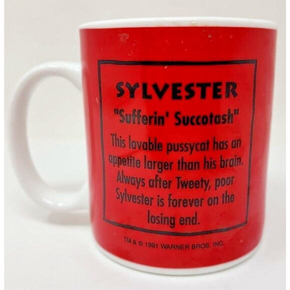 Vintage Sylvester "Sufferin' Succotash" 1991 Warner Bros Coffee Tea Mug Cup W2 - Picture 3 of 5
